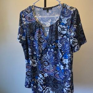 Always Indigo short sleeve blue paisley print work top. L